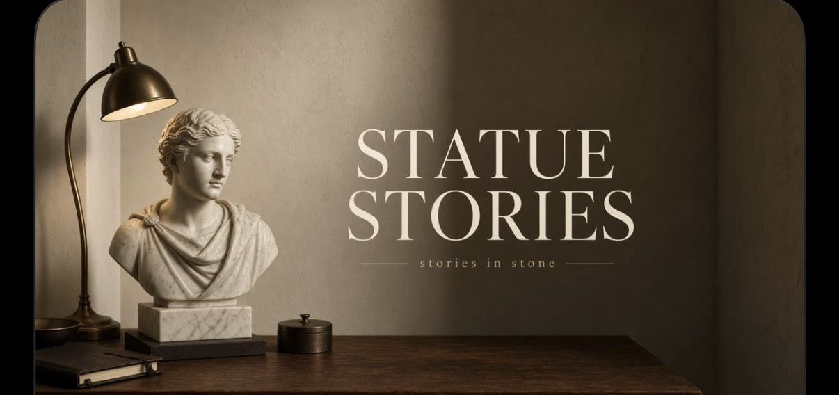 A marble bust under a warm lamp — Statue Stories, stories in stone